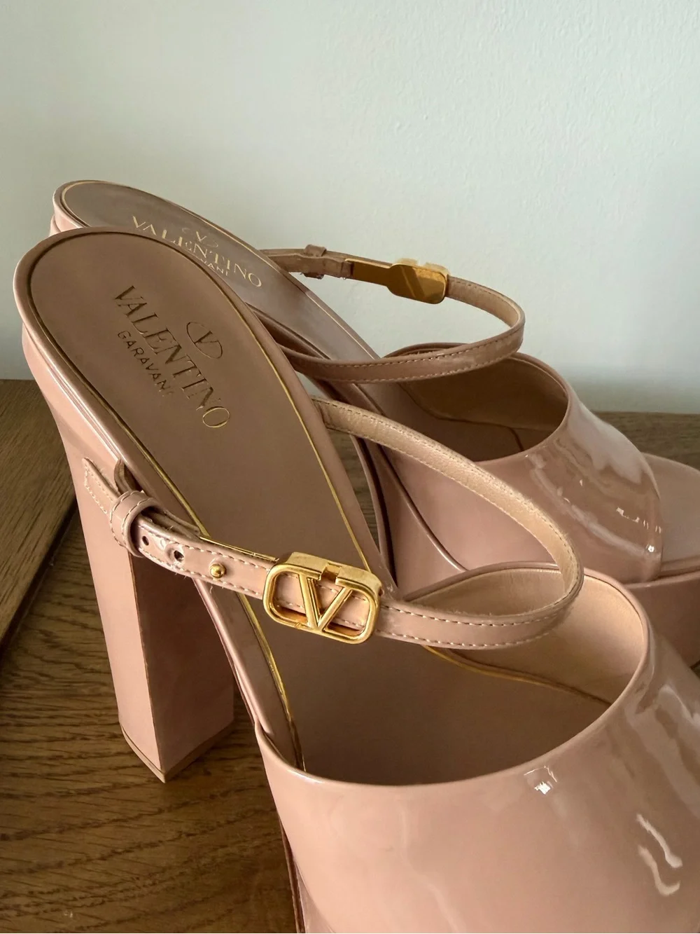 Valentino Blush Patent Leather Platform Heels with Gold Logo Buckle